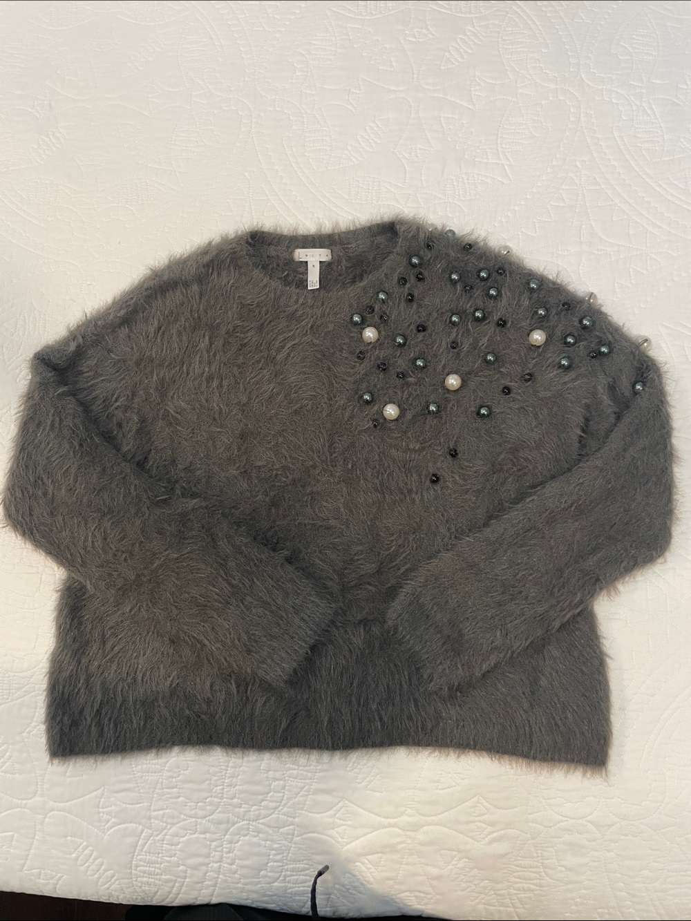 Leith Women's Charcoal Beaded Faux-Fur Sweater